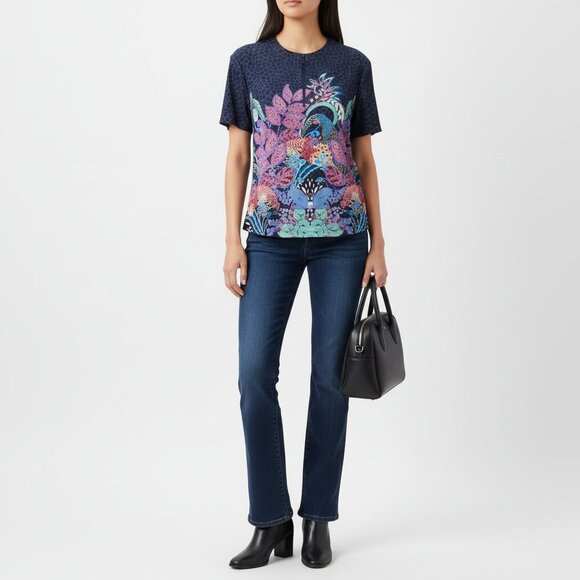 Johnny Was Blue Floral Leaf Print Short Sleeve Zip Neck Top XXL - Picture 5 of 5